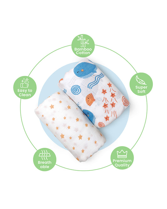 nuluv Blue Whale Swaddle-Bamboo Cotton Wrap-Soft & Breathable-Multicolor-Infant Wraps-Pack of 2