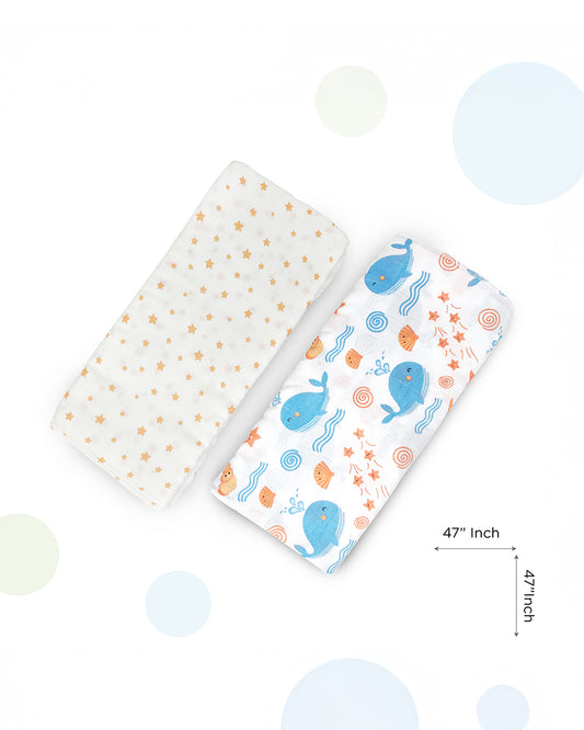 nuluv Blue Whale Swaddle-Bamboo Cotton Wrap-Soft & Breathable-Multicolor-Infant Wraps-Pack of 2