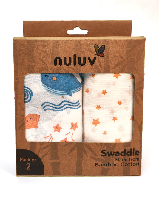 nuluv Blue Whale Swaddle-Bamboo Cotton Wrap-Soft & Breathable-Multicolor-Infant Wraps-Pack of 2