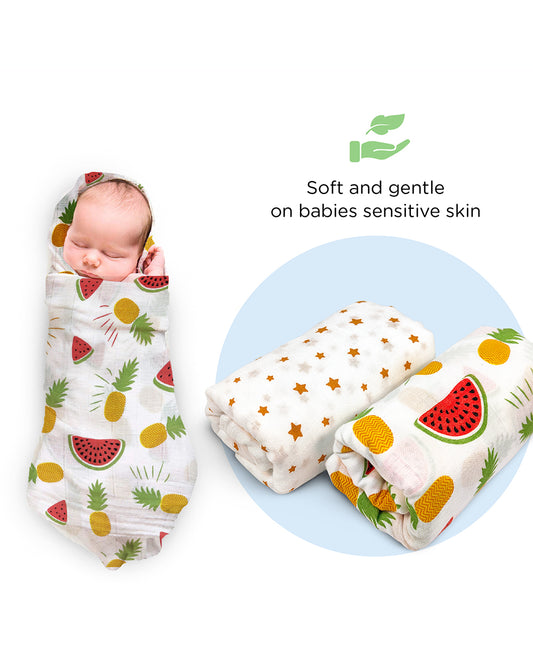 nuluv Yellow Pineapple Swaddle-Bamboo Cotton Wrap-Soft & Breathable-Multicolor-Infant Wraps-Pack of 2