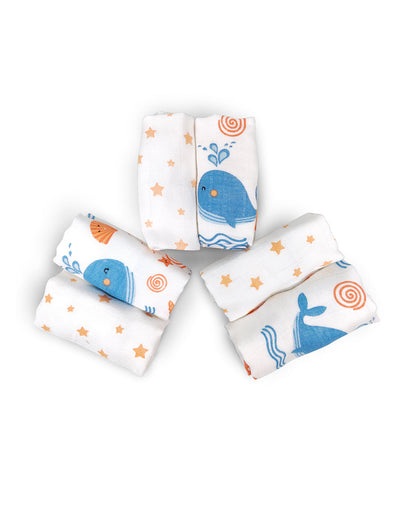 nuluv Bamboo Cotton Burp Cloths & Wash Cloths Combo Set-Comfortable & Breathable-Blue Whale-For Infants