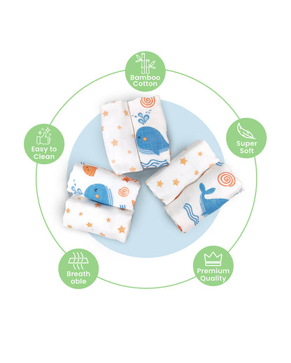 nuluv Bamboo Cotton Burp Cloths & Wash Cloths Combo Set-Comfortable & Breathable-Blue Whale-For Infants