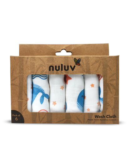 nuluv Bamboo Cotton Burp Cloths & Wash Cloths Combo Set-Comfortable & Breathable-Blue Whale-For Infants