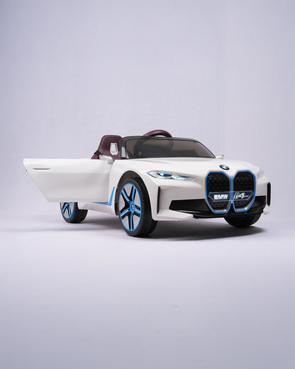 BMW i4 Ride On Car-Battery Operated-With Manual or Remote Option to Steer-Tough Tires with Rear Suspension-Integrated Music-Emotorad-For 3Y+ (Upto 30 kg)-White