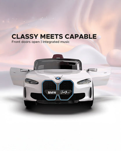 BMW i4 Ride On Car-Battery Operated-With Manual or Remote Option to Steer-Tough Tires with Rear Suspension-Integrated Music-Emotorad-For 3Y+ (Upto 30 kg)-White