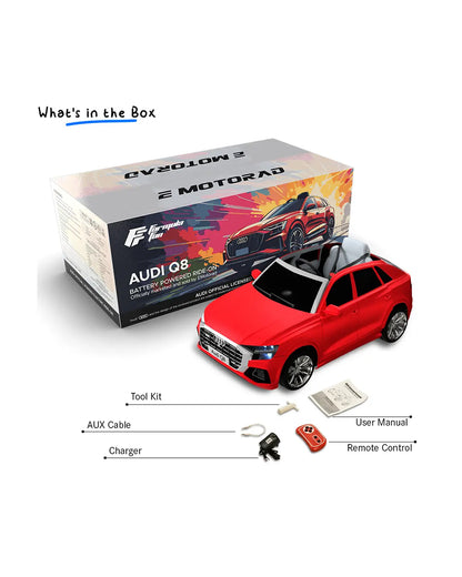 Audi Q8 Ride On Car-Battery Operated-3 Point Safety Belt-With Manual or Remote Option to Steer-Foot Accelerator-Tough Tires with Rear Suspension-Emotorad-For 3Y+ (Upto 30 Kg)-Red