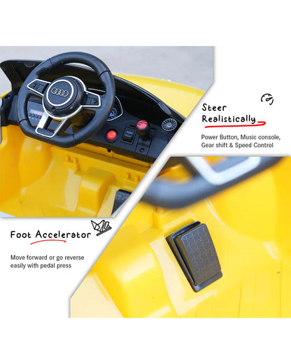 Audi TTRS Ride On Car-Battery Operated-3 Point Safety Belt-With Manual or Remote Option to Steer-Foot Accelerator-Tough Tires with Rear Suspension-Integrated Music-Emotorad-For 3Y+ (Upto 30 kg)-Yellow