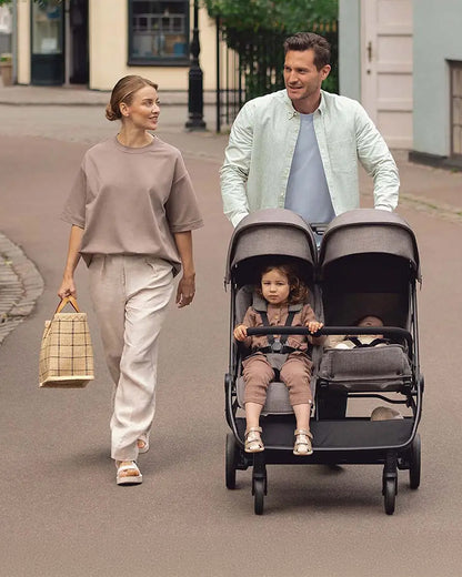 Nuna TRVL Dubl Twin Baby Stroller-Individually Adjustable Near Flat Reclining Seat-One Hand Fold-With Cup Holder-Large Storage Basket-2 Years Warranty-0 to 4Y (Upto 22 Kg)-Caviar