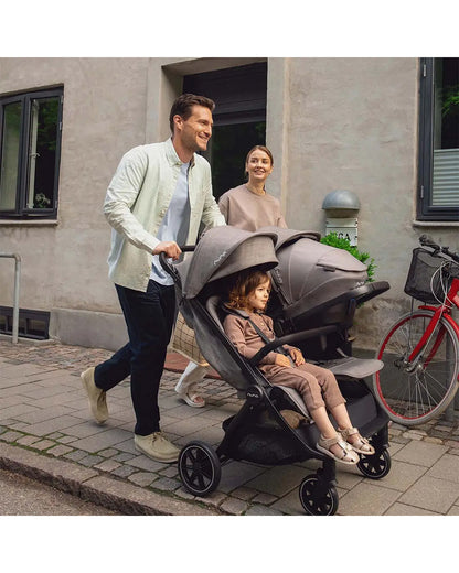 Nuna TRVL Dubl Twin Baby Stroller-Individually Adjustable Near Flat Reclining Seat-One Hand Fold-With Cup Holder-Large Storage Basket-2 Years Warranty-0 to 4Y (Upto 22 Kg)-Caviar