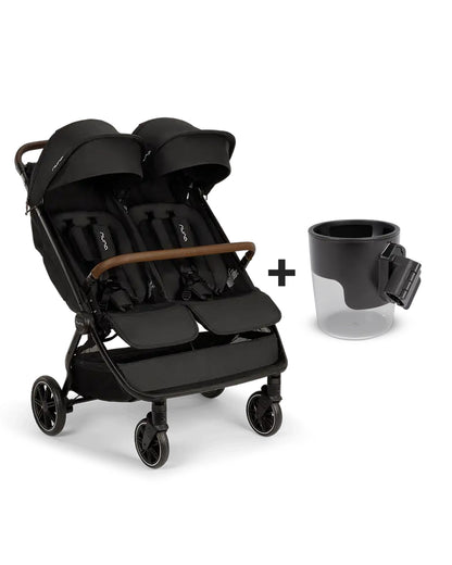 Nuna TRVL Dubl Twin Baby Stroller-Individually Adjustable Near Flat Reclining Seat-One Hand Fold-With Cup Holder-Large Storage Basket-2 Years Warranty-0 to 4Y (Upto 22 Kg)-Caviar