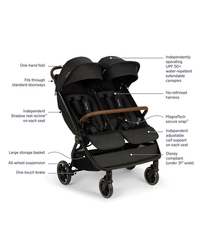 Nuna TRVL Dubl Twin Baby Stroller-Individually Adjustable Near Flat Reclining Seat-One Hand Fold-With Cup Holder-Large Storage Basket-2 Years Warranty-0 to 4Y (Upto 22 Kg)-Caviar
