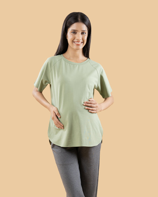 Wobbly Walk Sage Green Maternity Top-Solid Color-Cotton-Half Sleeves-Bump Friendly