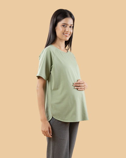 Wobbly Walk Sage Green Maternity Top-Solid Color-Cotton-Half Sleeves-Bump Friendly