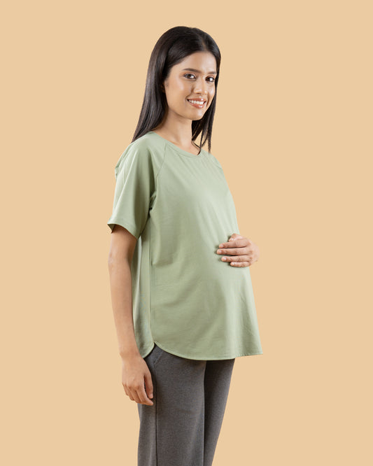 Wobbly Walk Sage Green Maternity Top-Solid Color-Cotton-Half Sleeves-Bump Friendly