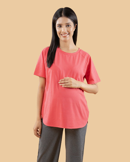 Wobbly Walk Peach Maternity Top-Solid Color-Cotton-Half Sleeves-Bump Friendly