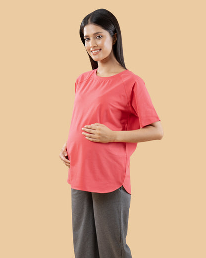 Wobbly Walk Peach Maternity Top-Solid Color-Cotton-Half Sleeves-Bump Friendly