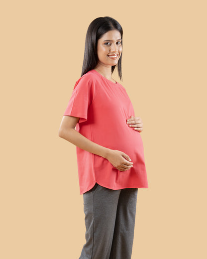 Wobbly Walk Peach Maternity Top-Solid Color-Cotton-Half Sleeves-Bump Friendly