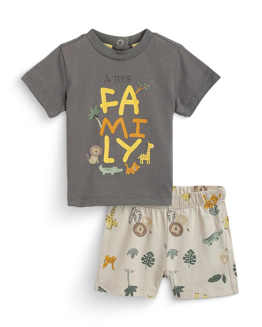 Chicco Dark Grey & Beige T-shirt & Shorts Set-Cotton-Printed-For Infants