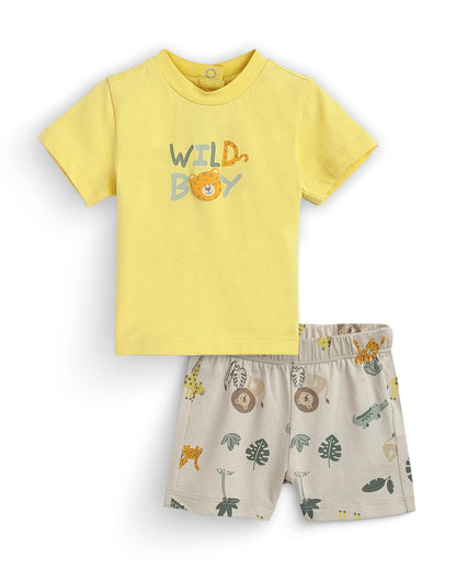 Chicco Yellow & Beige T-shirt & Shorts Set-Cotton-Printed-For Infants