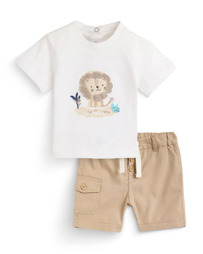 Chicco White & Brown T-shirt & Shorts Set-Cotton-Printed-For Infants