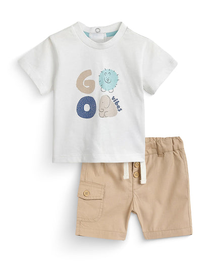 Chicco White & Tan Brown T-shirt & Shorts Set-Cotton-Printed-For Infants