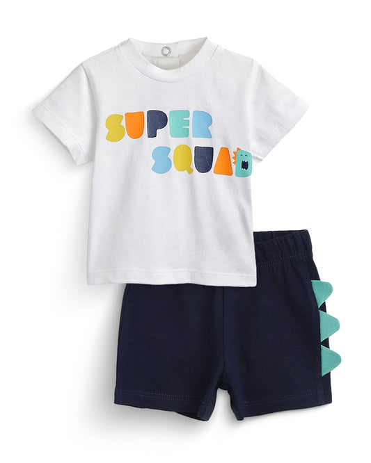 Chicco White & Navy Blue T-shirt & Shorts Set-Cotton-Printed-For Infants