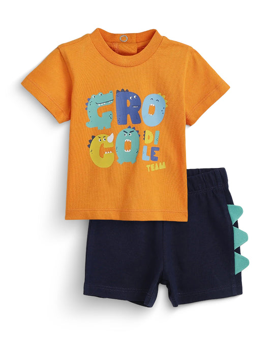 Chicco Orange & Navy Blue T-shirt & Shorts Set-Cotton-Printed-For Infants