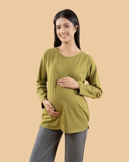 Wobbly Walk Mehndi Green Maternity Top-Solid Color-Cotton-Full Sleeves-Bump Friendly