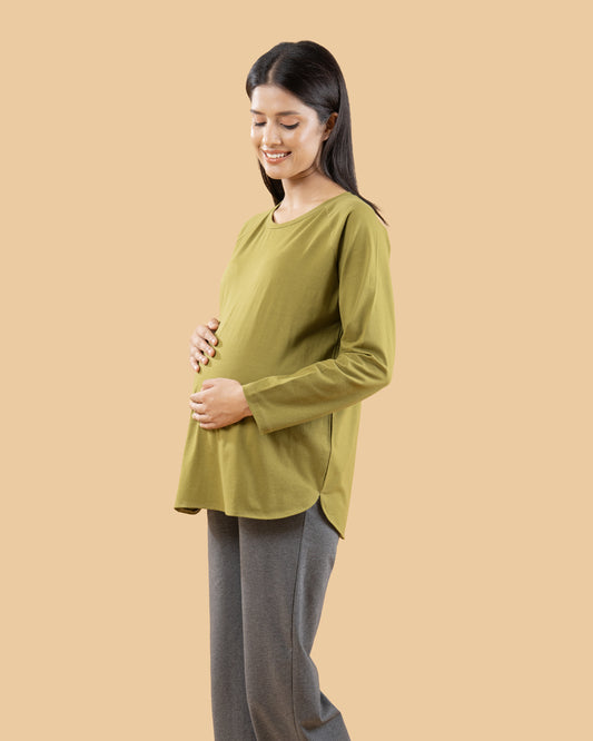 Wobbly Walk Mehndi Green Maternity Top-Solid Color-Cotton-Full Sleeves-Bump Friendly