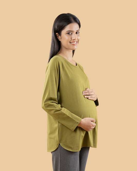 Wobbly Walk Mehndi Green Maternity Top-Solid Color-Cotton-Full Sleeves-Bump Friendly