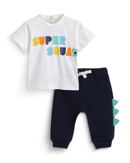 Chicco White & Navy Blue T-shirt & Jogger Set-Cotton-Printed-For Infants