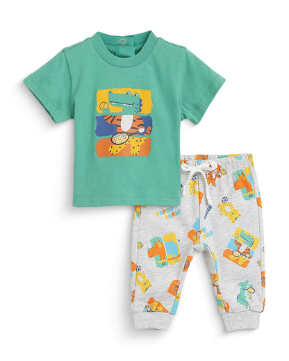 Chicco Sea Green & Grey T-shirt & Jogger Set-Cotton-Printed-For Infants