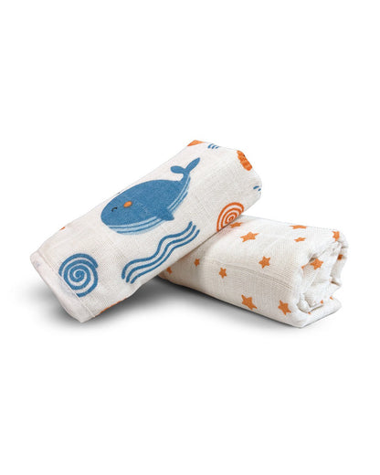 nuluv Bamboo Cotton Burp Cloths & Wash Cloths Combo Set-Comfortable & Breathable-Blue Whale-For Infants