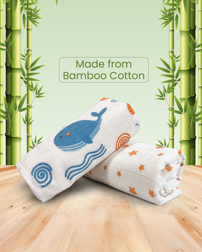 nuluv Bamboo Cotton Burp Cloths & Wash Cloths Combo Set-Comfortable & Breathable-Blue Whale-For Infants