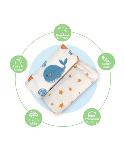 nuluv Bamboo Cotton Burp Cloths & Wash Cloths Combo Set-Comfortable & Breathable-Blue Whale-For Infants