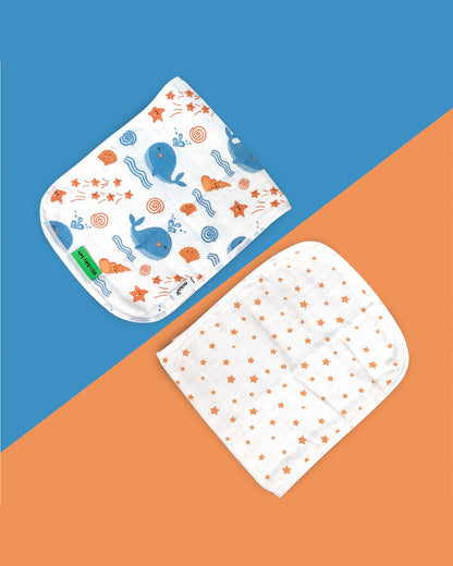 nuluv Bamboo Cotton Burp Cloths & Wash Cloths Combo Set-Comfortable & Breathable-Blue Whale-For Infants