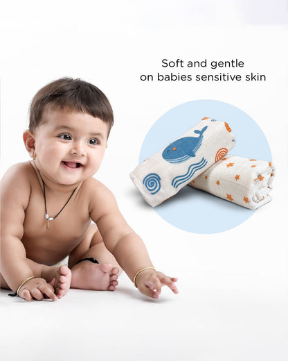 nuluv Bamboo Cotton Burp Cloths & Wash Cloths Combo Set-Comfortable & Breathable-Blue Whale-For Infants