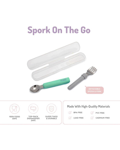 Melii Detachable Spoon & Fork Set With Storage Case-Stainless Steel-Mint & Grey-Travel Utensils for Toddlers