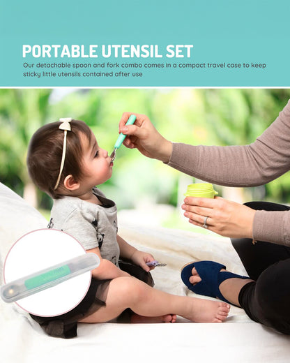 Melii Detachable Spoon & Fork Set With Storage Case-Stainless Steel-Mint & Grey-Travel Utensils for Toddlers