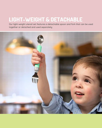 Melii Detachable Spoon & Fork Set With Storage Case-Stainless Steel-Mint & Grey-Travel Utensils for Toddlers