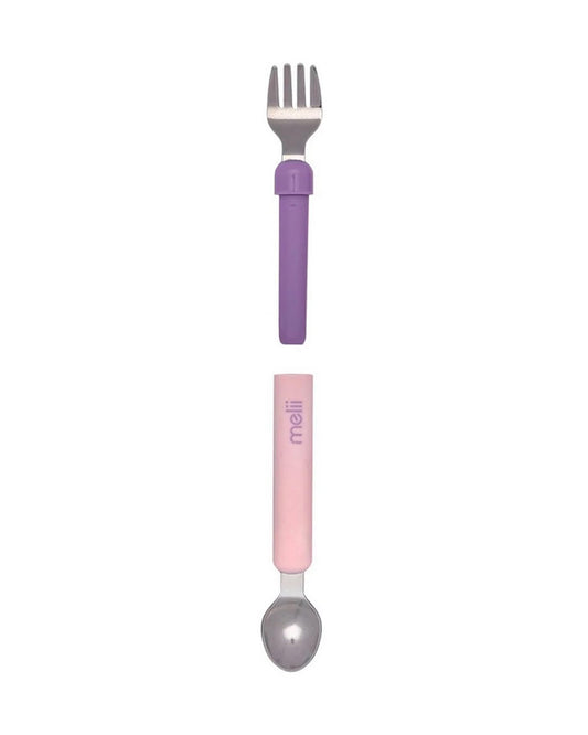 Melii Detachable Spoon & Fork Set With Storage Case-Stainless Steel-Pink & Purple-Travel Utensils for Toddlers