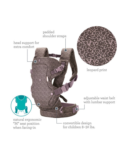Infantino Flip 4-in-1 Convertible Baby Carrier-With 4 Carrying Positions-Head Support For Extra Comfort-Adjustable Waist Belt-For 0 to 3Y ( 3.5 to 14 Kg)-Leopard