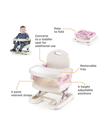 Mastela Fold Up Booster Seat-Booster Seat to Toddler Seat Mode-With Removable Tray-3 Point Harness-4 Height Adjustable Positions-For Infants-6M to 48M-Pink