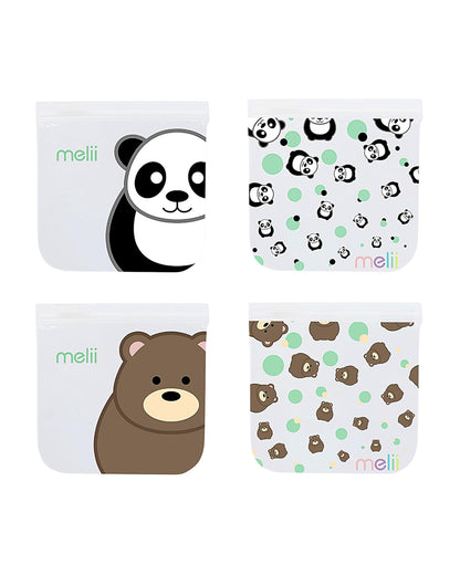 Melii EVA Reusable Snack Bags-With Leak Proof Double Zip Closure-Washable & Reusable-Panda and Bear-Pack of 4-For Feeding Infants