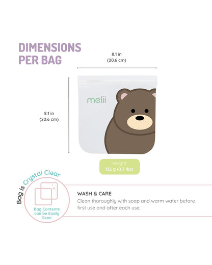 Melii EVA Reusable Snack Bags-With Leak Proof Double Zip Closure-Washable & Reusable-Panda and Bear-Pack of 4-For Feeding Infants