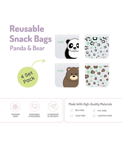 Melii EVA Reusable Snack Bags-With Leak Proof Double Zip Closure-Washable & Reusable-Panda and Bear-Pack of 4-For Feeding Infants
