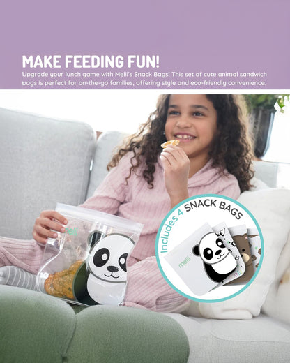 Melii EVA Reusable Snack Bags-With Leak Proof Double Zip Closure-Washable & Reusable-Panda and Bear-Pack of 4-For Feeding Infants