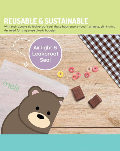 Melii EVA Reusable Snack Bags-With Leak Proof Double Zip Closure-Washable & Reusable-Panda and Bear-Pack of 4-For Feeding Infants