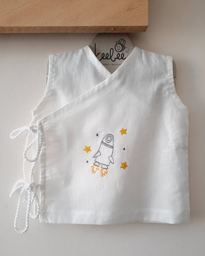 Keebee White Kimono Jhabla-100% Organic Cotton-Rocket Embroidered-For Infants