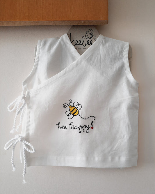 Keebee White Kimono Jhabla-100% Organic Cotton-Bee Embroidered-For Infants